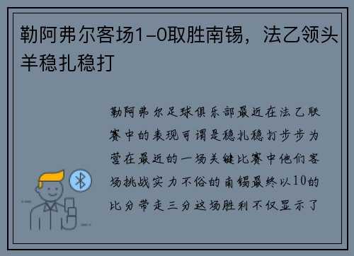 勒阿弗尔客场1-0取胜南锡,法乙领头羊稳扎稳打